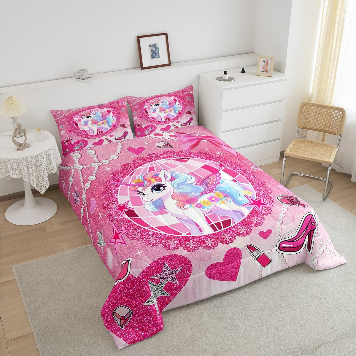 Cartoon Unicorn Kids Comforter Set Queen Size,Bowknot High-heeled Shoes Lip Romantic Bedding Set,Girls Women Room Decor,Stars Sparkling Princess Down Comforter,Pink Cute Duvet Insert,2 Pillowcases