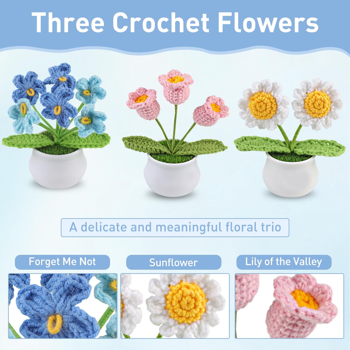 Aeekkya 3pcs Crochet Flowers Pot, Cute Handmade Crochet Flower Desk Decor with Sunflower, Lily of the Valley, Forget Me Not, Gift for Women, Mom, Teacher, Friend, Birthday, Mother’s Day, Thank You