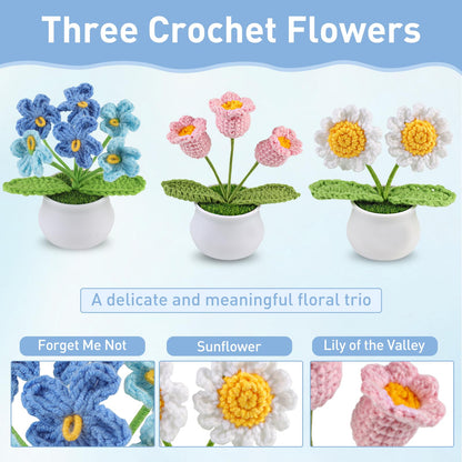 Aeekkya 3pcs Crochet Flowers Pot, Cute Handmade Crochet Flower Desk Decor with Sunflower, Lily of the Valley, Forget Me Not, Gift for Women, Mom, Teacher, Friend, Birthday, Mother’s Day, Thank You