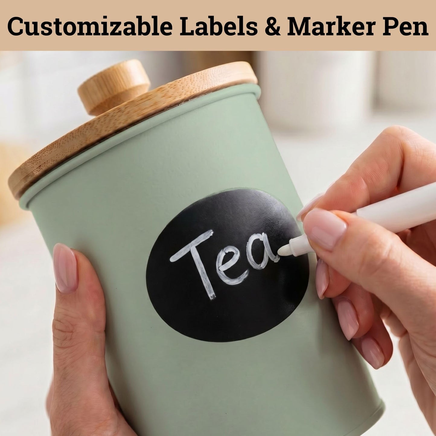 Kitchen Canisters for Countertop Set of 4 with Customizable Chalkboard Labels & Marker Pen - Big Iron Kitchen Canisters with Airtight Lids - Sage Green Canister Set - Flour and Sugar Containers