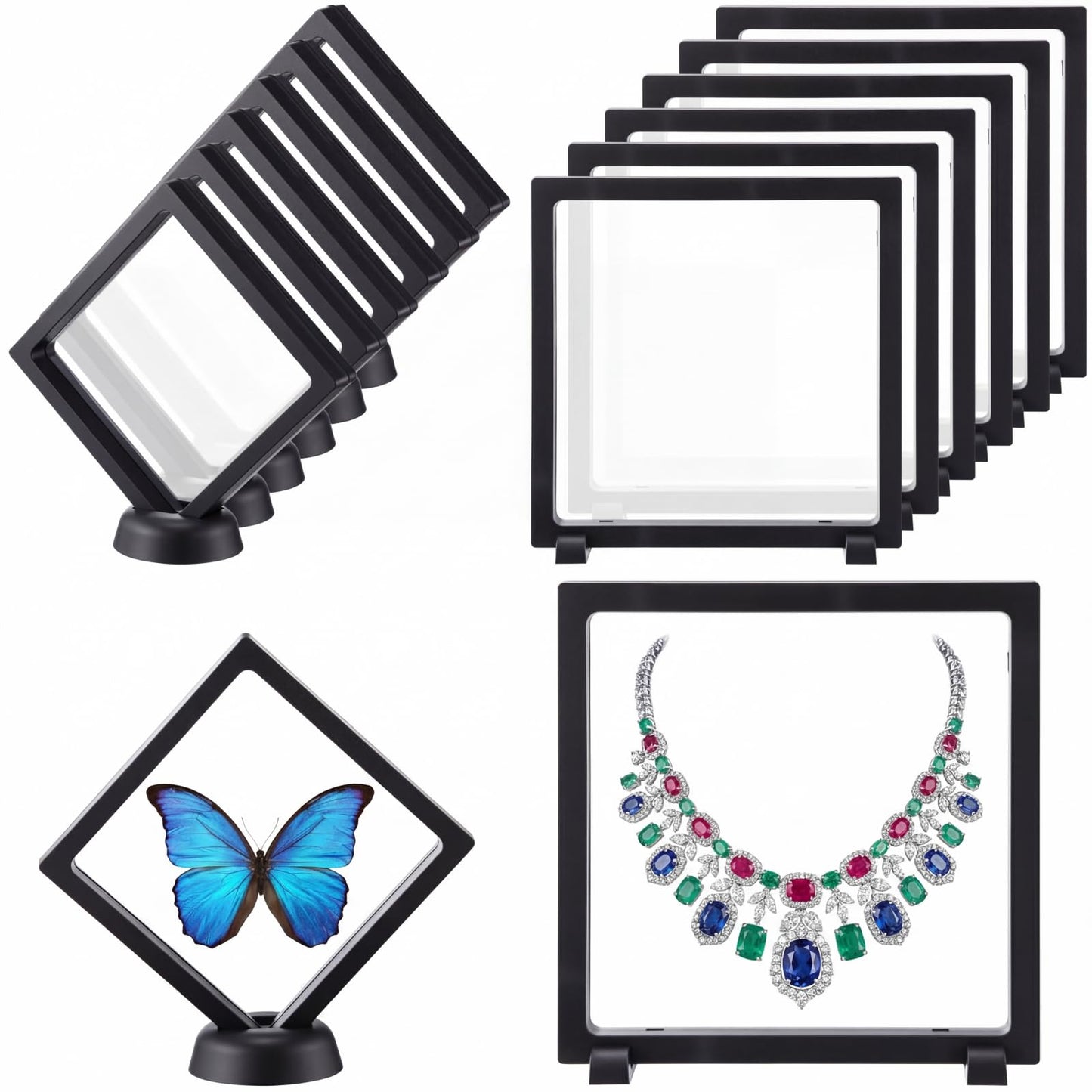 Harloon 12 Pcs 3D Floating Display Case Floating Frame Display Holder Stand Challenge Coin Jewelry Frame Box for AA Medallions Fossil Rock Gemstones Specimen (Black,Two Sizes,Multiple Base)