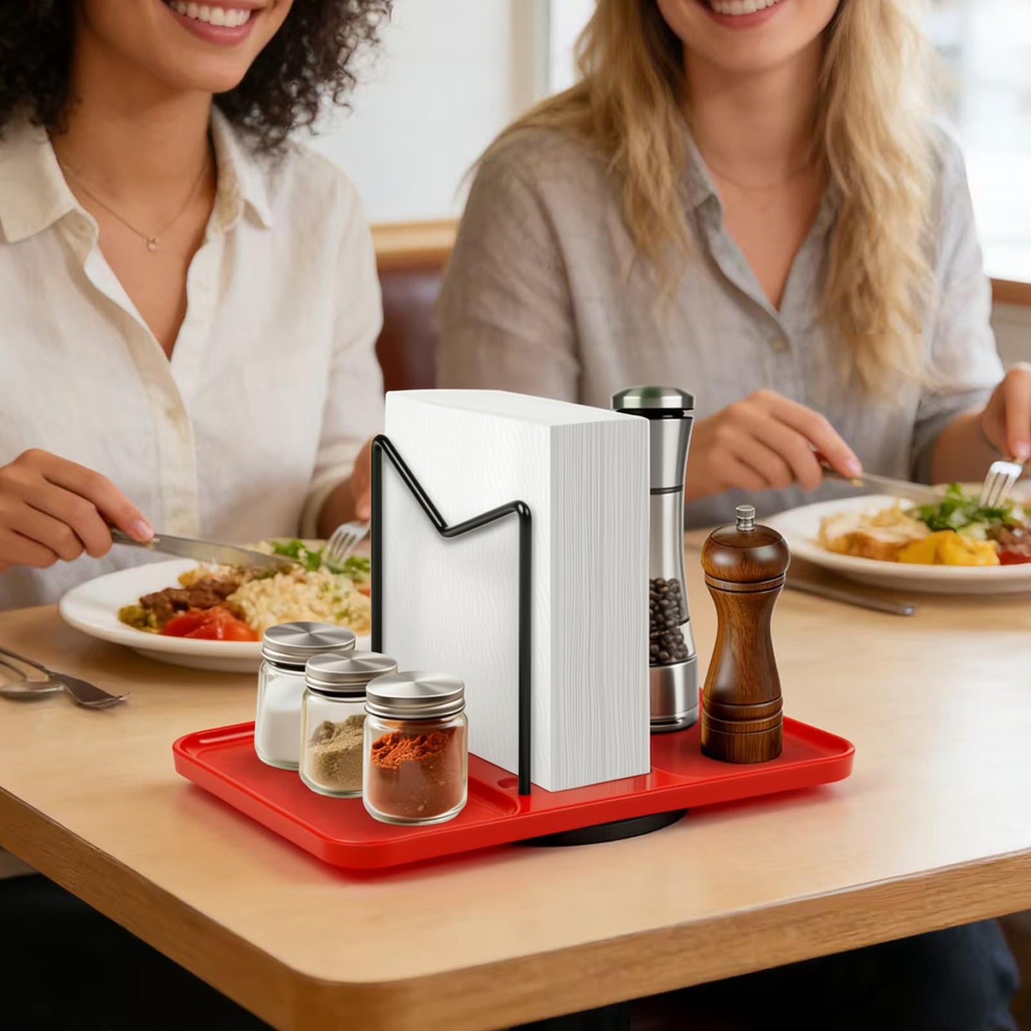 Rotating Napkin Holder for Table, Bamboo Standing Napkin Dispenser with Salt Pepper Shakers Caddy, Black Metal Paper Napkin Holders for Kitchen Dining Table Farmhouse Decor, Shakers Not Included