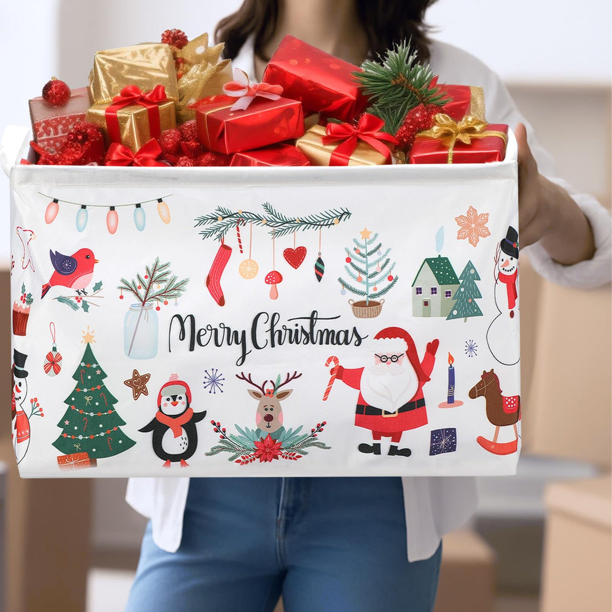 Weysat Extra Large Christmas Storage Baskets for Gifts Empty 16.5 x 12.6 x 9.8 Inch Merry Christmas Santa Storage Bin Collapsible Foldable Large Boxes with Handles Laundry Organizer for Home Bedroom