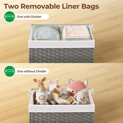 GREENSTELL Storage Basket with Lid, 17.2 Gallon(65L) Small Wicker Blanket Storage Basket with Handles, Foldable, 2 Removable Liner Bags, Metal Frame, for Bedroom, Laundry Room, Grey, 22.2"*13.4"*13.4"