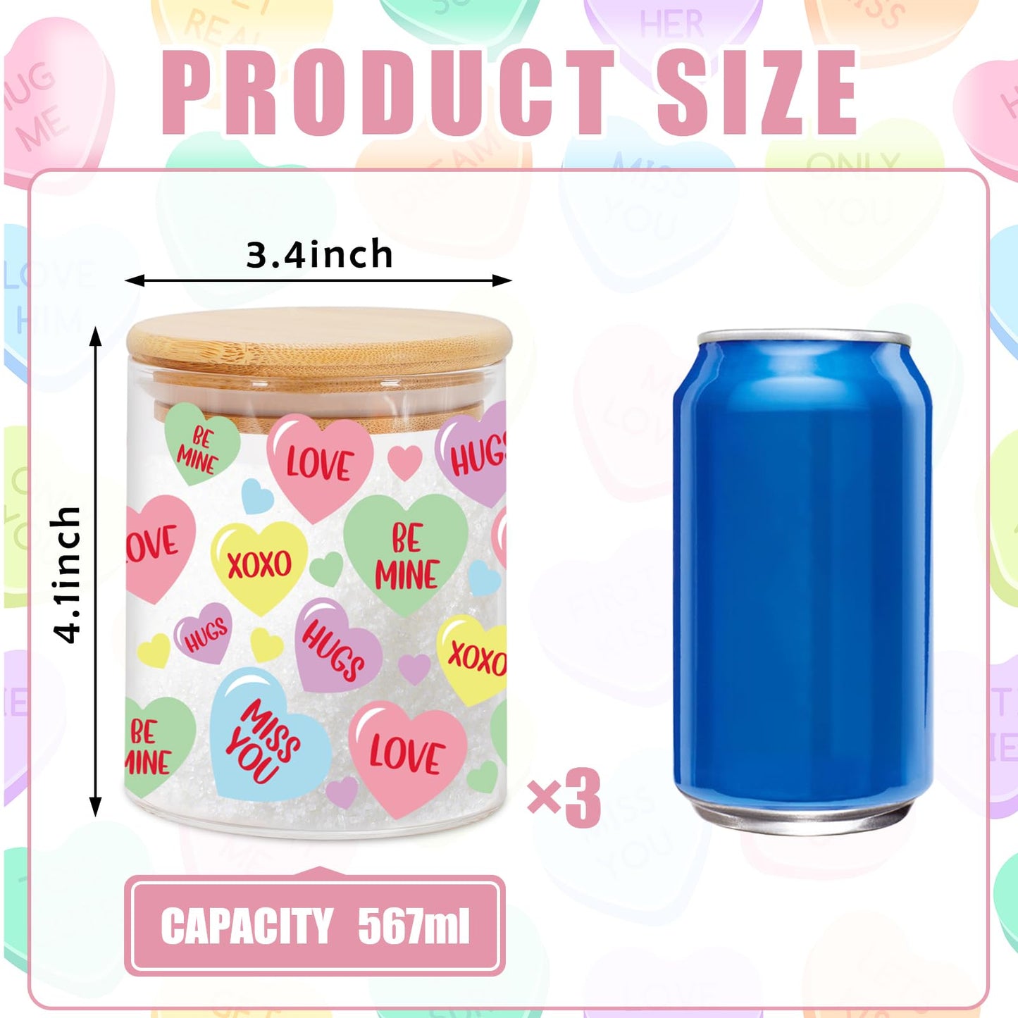 JarThenaAMCS 3Pcs Valentine Glass Storage Jars With Airtight Lid Pastel Conversation Heart Decorative Canisters Sets For Home Kitchen Countertop