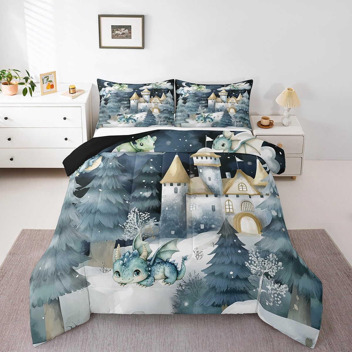Kids Boys Dragon Toddler Bedding Set,Cartoon Castle Wildlife Comforter Set Bed Set Boys Men Bedroom Decor,Mystery Night Jungle Pine Trees 2 Pieces Quilt Set,Tie Dyed Duvet Insert,1 Pillow Case