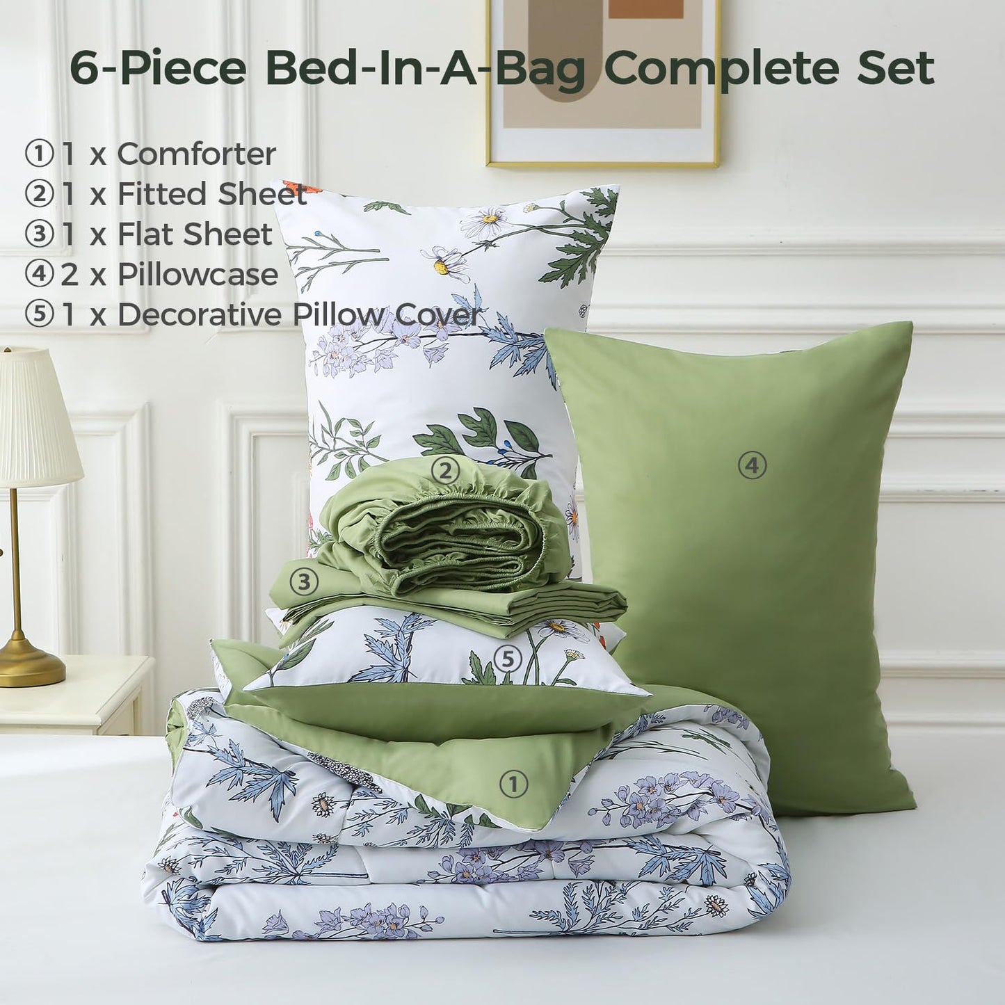 JQinHome Queen Comforter Set - 6 Pieces White Botanical Floral Reversible Green Solid Bedding Set, Bed in a Bag with Microfiber Comforter, Sheets & Cushion Cover, Edredones Queen Set Completo