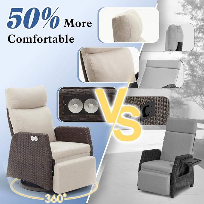 Adjustable Outdoor Recliner Chair with Independent Backrest & Footrest, Patio Swivel Recliner Chair, Wicker Reclining Patio Chair w/Flip-Up Table, Air Pump 155° Lay Flat Chaise Lounge, Beige