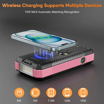 Wreaoves Solar Power Bank 33800mAh with Super Bright LED Flashlight, Built-in 4 Cables & Wireless Charging, Portable Charger with Compass, 7 Outputs & 4 Inputs for Camping/Hiking