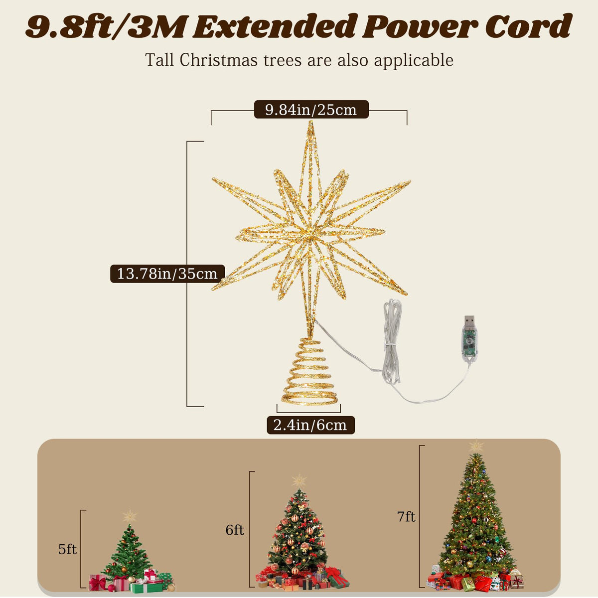 Lewondr Christmas Tree Topper, 13.78'' Metal Xmas 3D Geometric Tree Topper with 30 LED Bulbs, USB Remote Control Lighted Multi-Pointed Star Treetop, 6H Timer, 8 Modes Christmas Decor for Home, Gold