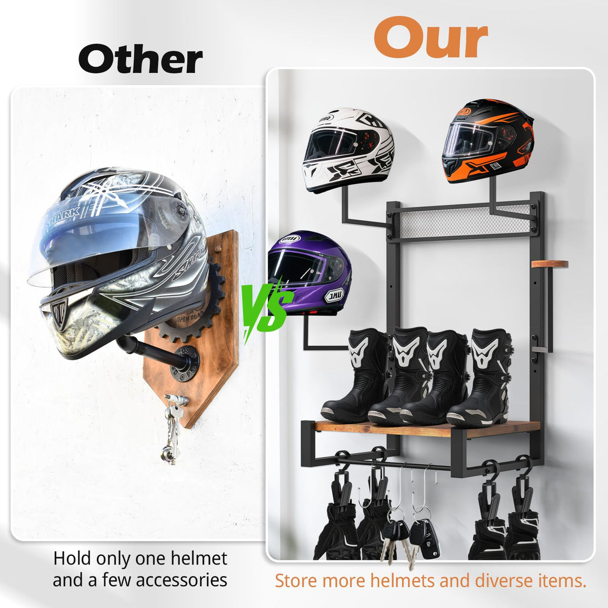 TheElves Motorcycle Helmet Holder Wall Mount, Heavy-Duty Helmet Rack with 4 Helmet Holder & 4 Glove Clips & 4 Hooks, Rustic Wooden Motorcycle Gear Storage Organizer for Helmets, Jackets, Accessories