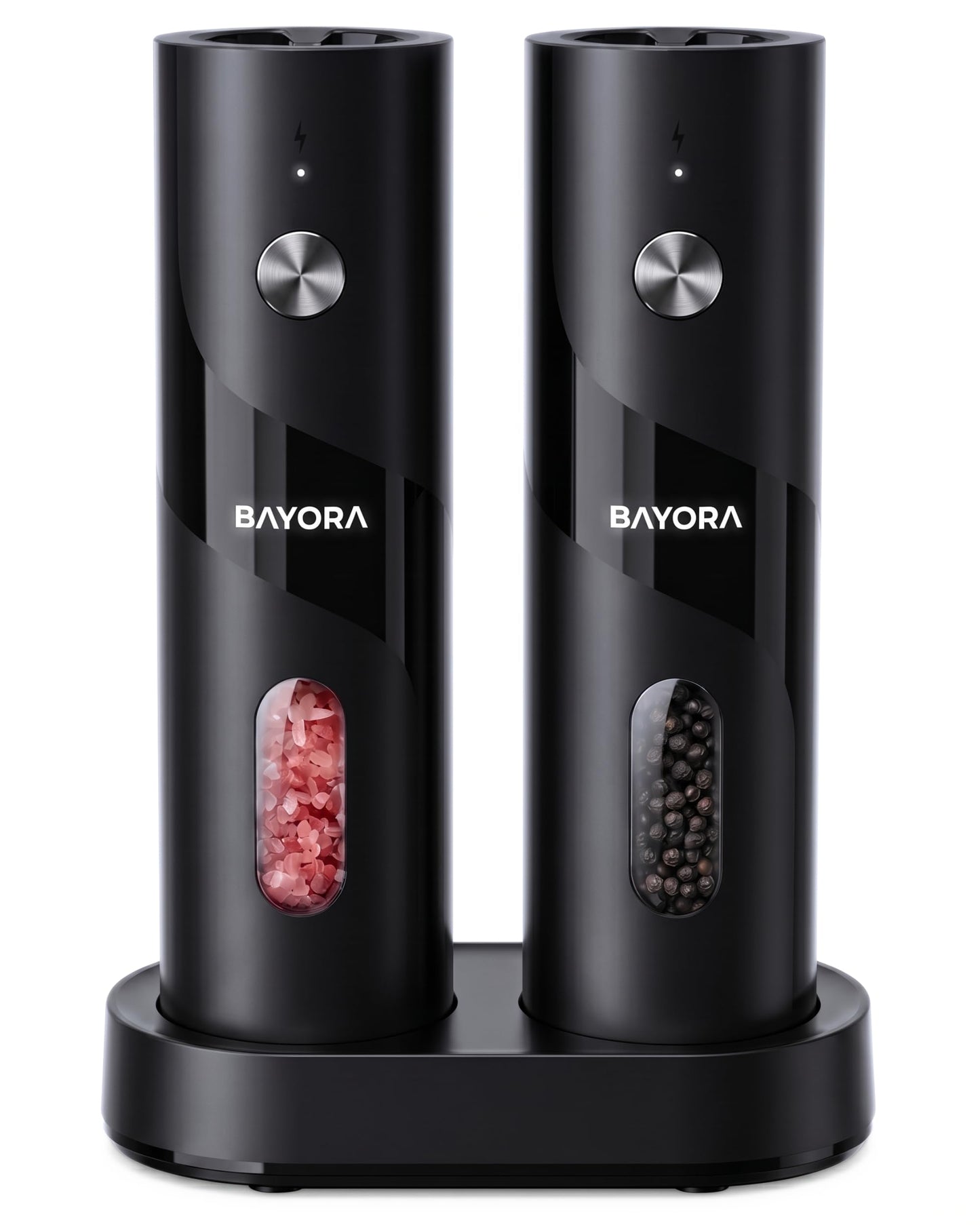 BAYORA Rechargeable Electric Salt & Pepper Grinder Set w/ Charging Base – Automatic Salt & Pepper Mills, USB-C, Adjustable Coarseness, Large Capacity, LED Charging Indicator, 2-Pack, Kitchen Gifts
