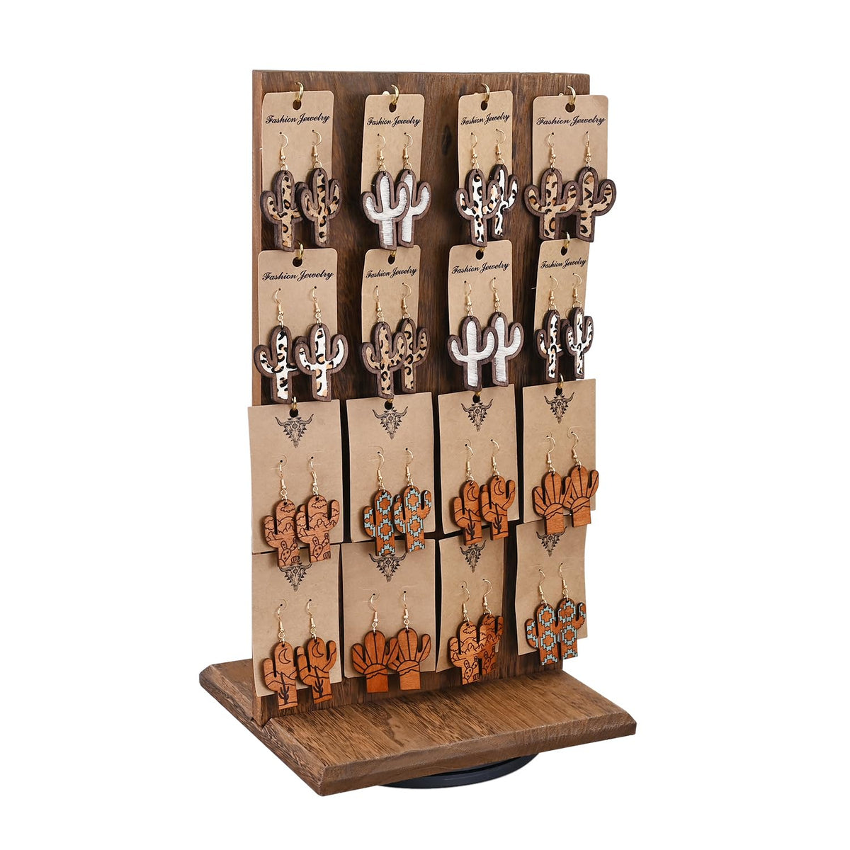 Ikee Design Wooden Rotating Two-Sided Jewelry Display Stand, Rotating Organizer with 32 Hooks for Store, Earring Keychain Display with Hooks, Brown color, 9 W x 7.5 D x 16.5 H in