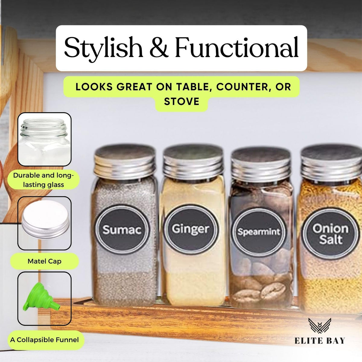 ELITE BAY-Spice Jar Rack Organizer with KEEP – 4-Tier Organizer with 28 Empty Bottles, 180 Waterproof Labels (55 Blanks) & Funnel| Space-Saving Spice Storage for Kitchen Counter or Cabinet.