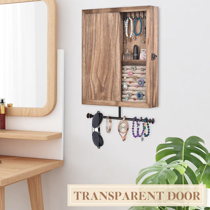 Keebofly Wall Mounted Jewelry Organizer Box Rustic Wood Large Space Jewelry Cabinet Holder Jewelry Storage Box for Necklaces, Earrings, Bracelets, Ring Holder, and Accessories (Carbonized Black)