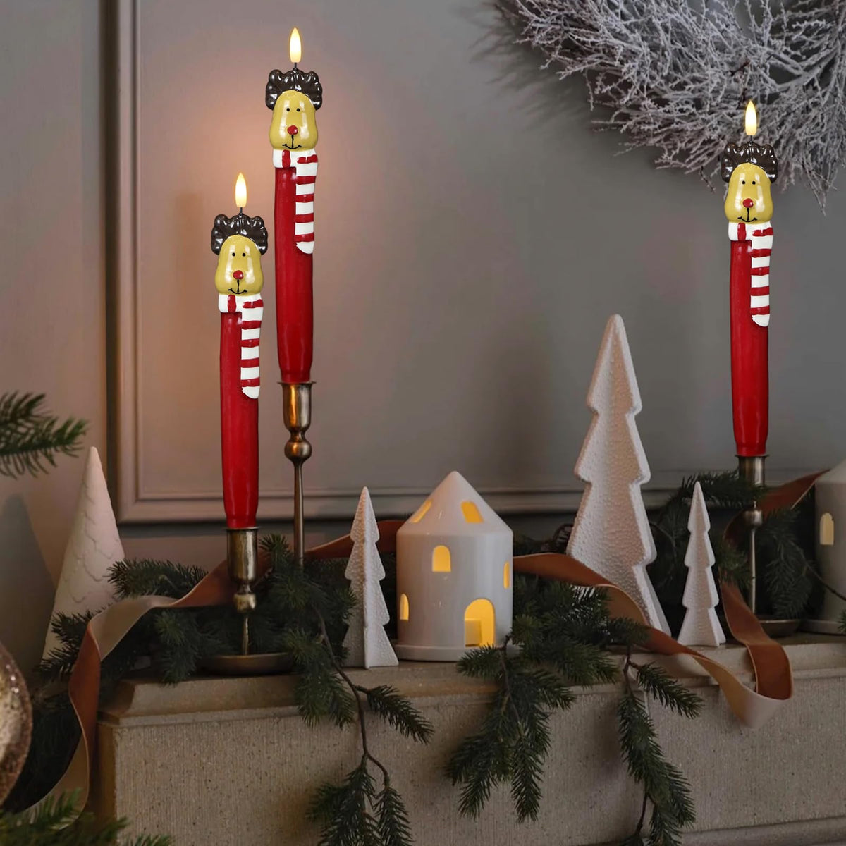 Lasumora Christmas Flameless Taper Candles with Remote Timer, 2 Pcs Hand-Painted Reindeer Sculpture Shape LED Candlesticks with 3D Flickering Flame for Home Décor Christmas Gifts