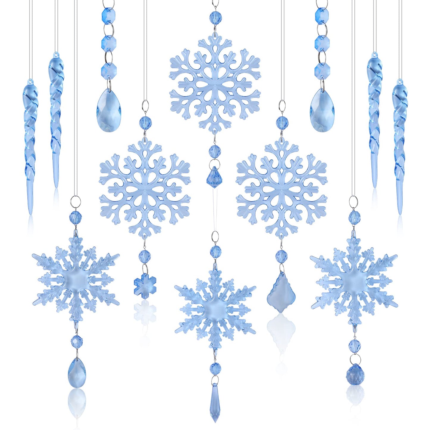 Marsui 30 Pieces Christmas Icicle Ornaments Acrylic Snowflake Ornaments for Christmas Tree Crystal Chandelier Drops with Crystal Line for Xmas Decor(Blue)