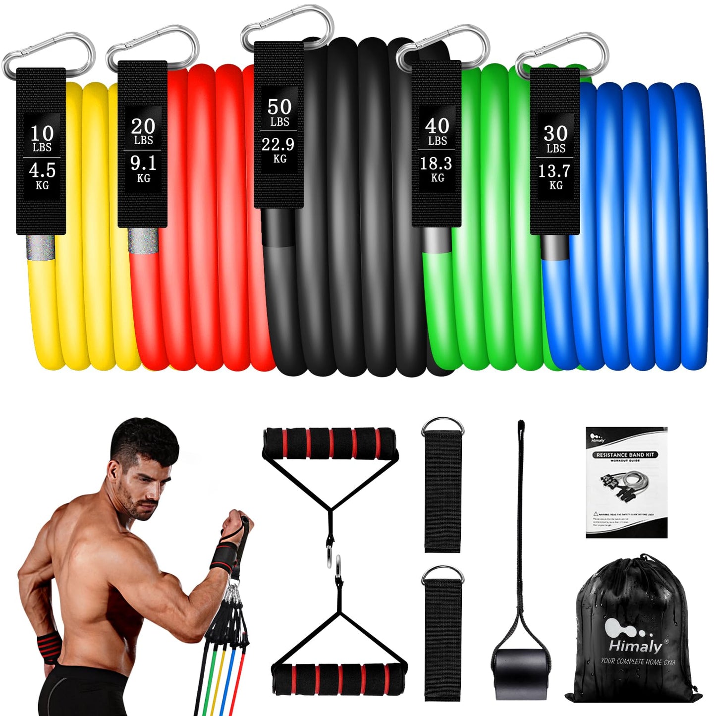 Resistance Bands Set 5pcs with Handle,Up to 150LB/68kg Strength Exercise Training Fitness Tubes Tension Bands Workout Gym Equipment Men and Women for Home Use Physical Training Cable,150 LBS