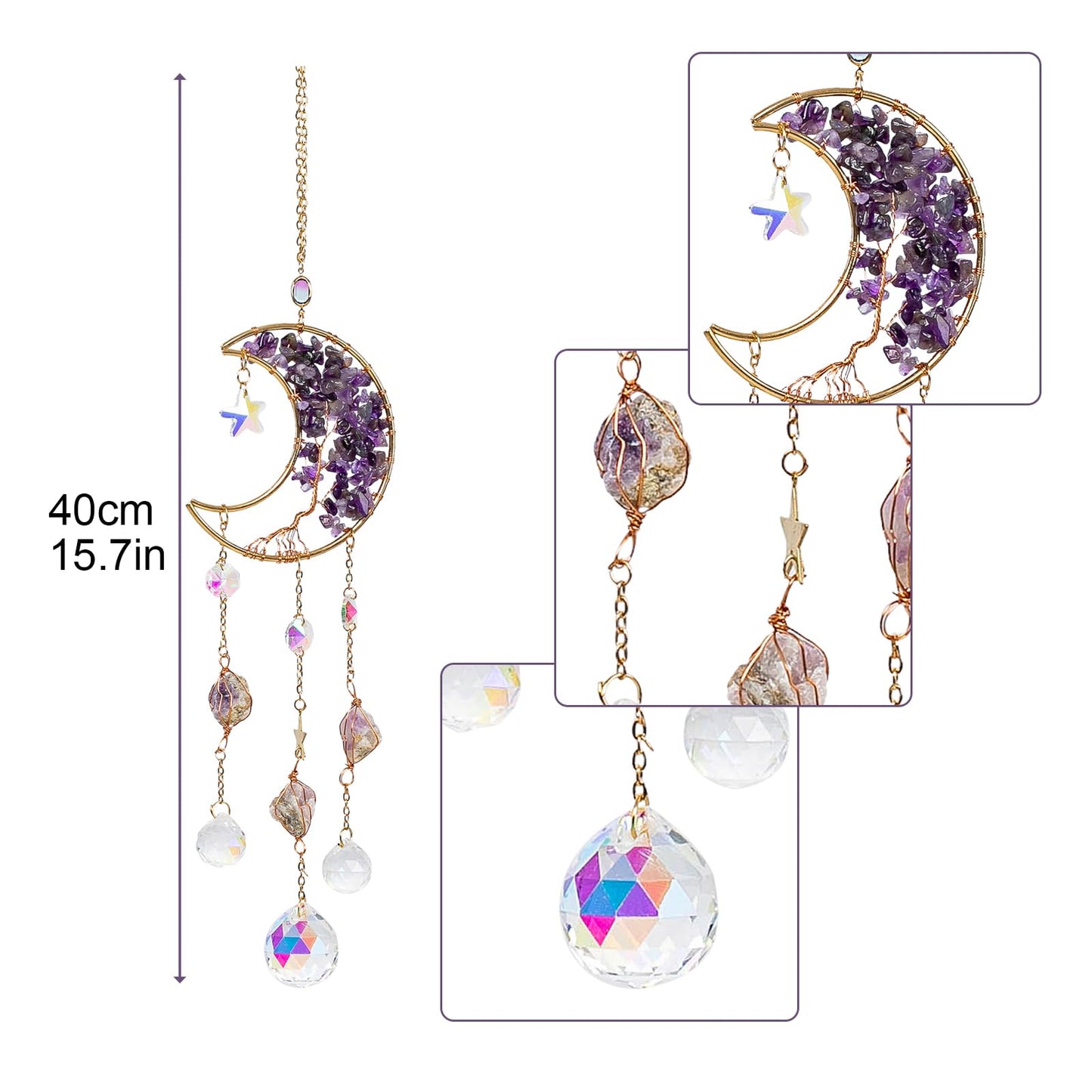 TUOKING Amethyst Crystal Moon Suncatchers for Window Hanging Tree of Life Natural Healing Stones Wind Chimes Sun Catcher Rainbow Maker Good Luck Gifts Decor for Home Garden