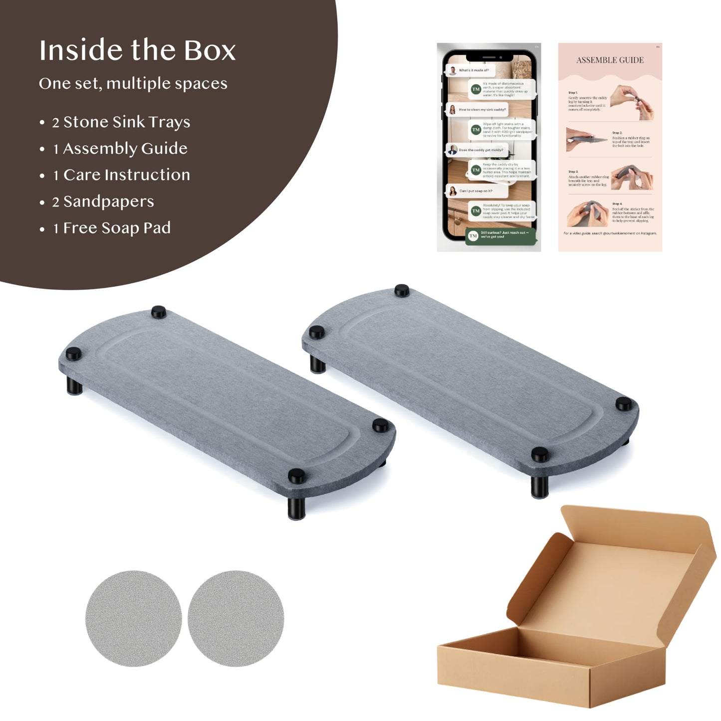 TWINKLE MOMENT 2PCS Water Absorbing Stone Soap Tray for Kitchen Bathroom Sink, Quick Dry Diatomaceous Earth Drying Rack and Shower Caddy, Soap Dispenser and Sponge Holder Organizer for Countertop
