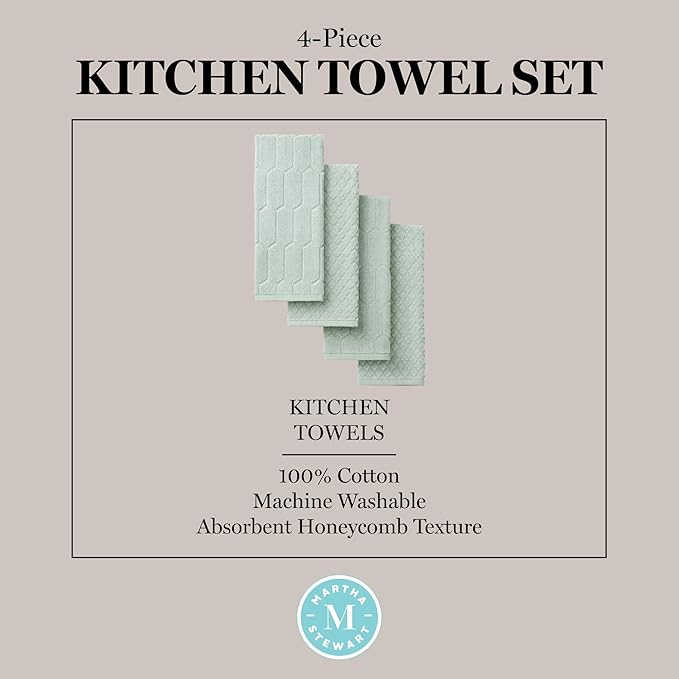 Martha Stewart Honeycomb Chambray Textured Kitchen Towel 4-Pack Set, 100% Cotton