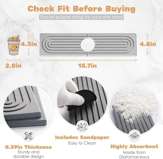 15.7''x4.8''Stone Faucet Mat for Kitchen Sink, Diatomite Quick Dry Kitchen Sink