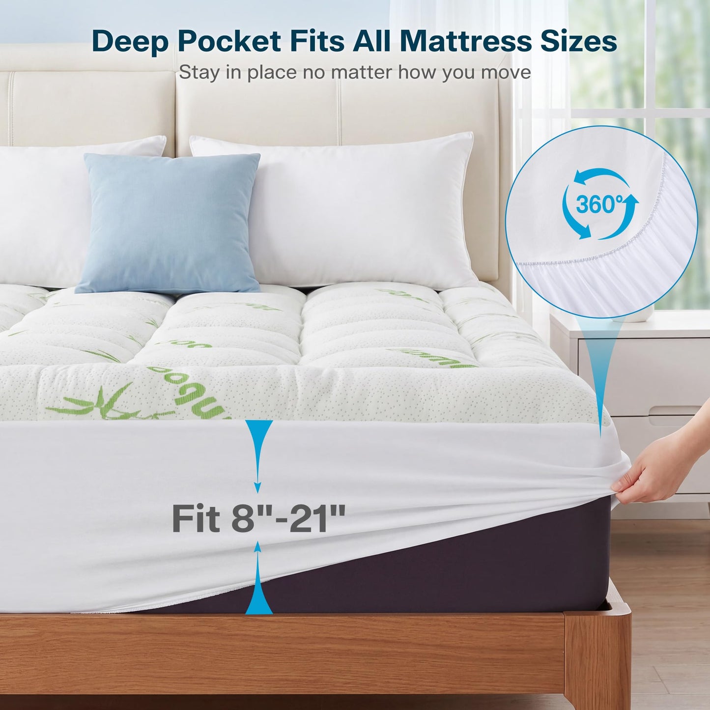 Waterproof Queen Size Mattress Topper Viscose Derived from Bamboo, Extra Thick Mattress Pad for Back Pain, Cooling Mattress Topper with Deep Pocket 8"-21", Green,Queen