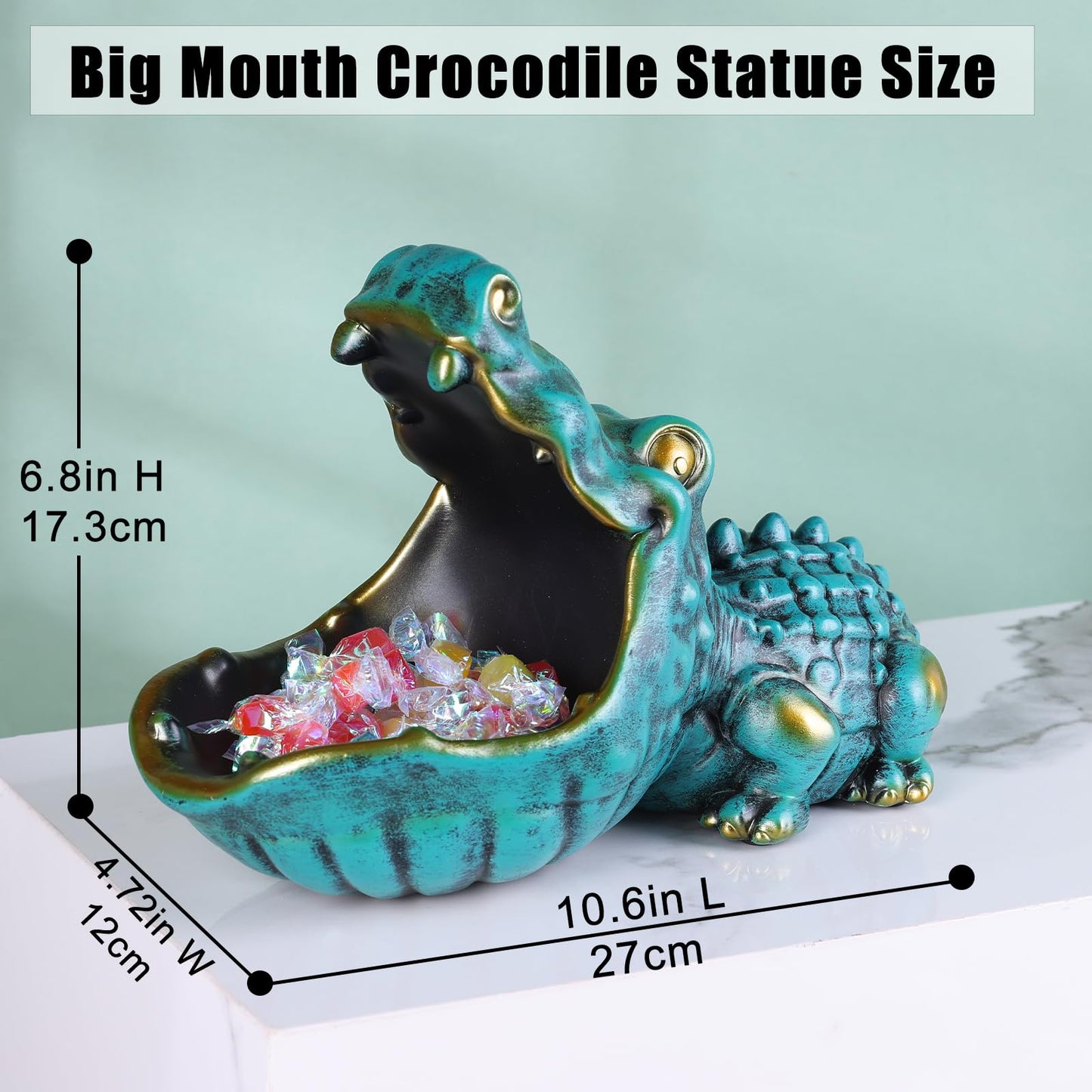 oliruim Alligator Statue Key Bowl, Fun Animal Statue Candy Dish for Entryway Decorative Bowl, Office Candy Dish, Big Mouth Sculpture Home Living Room Trinket Container Storage Box (Green)