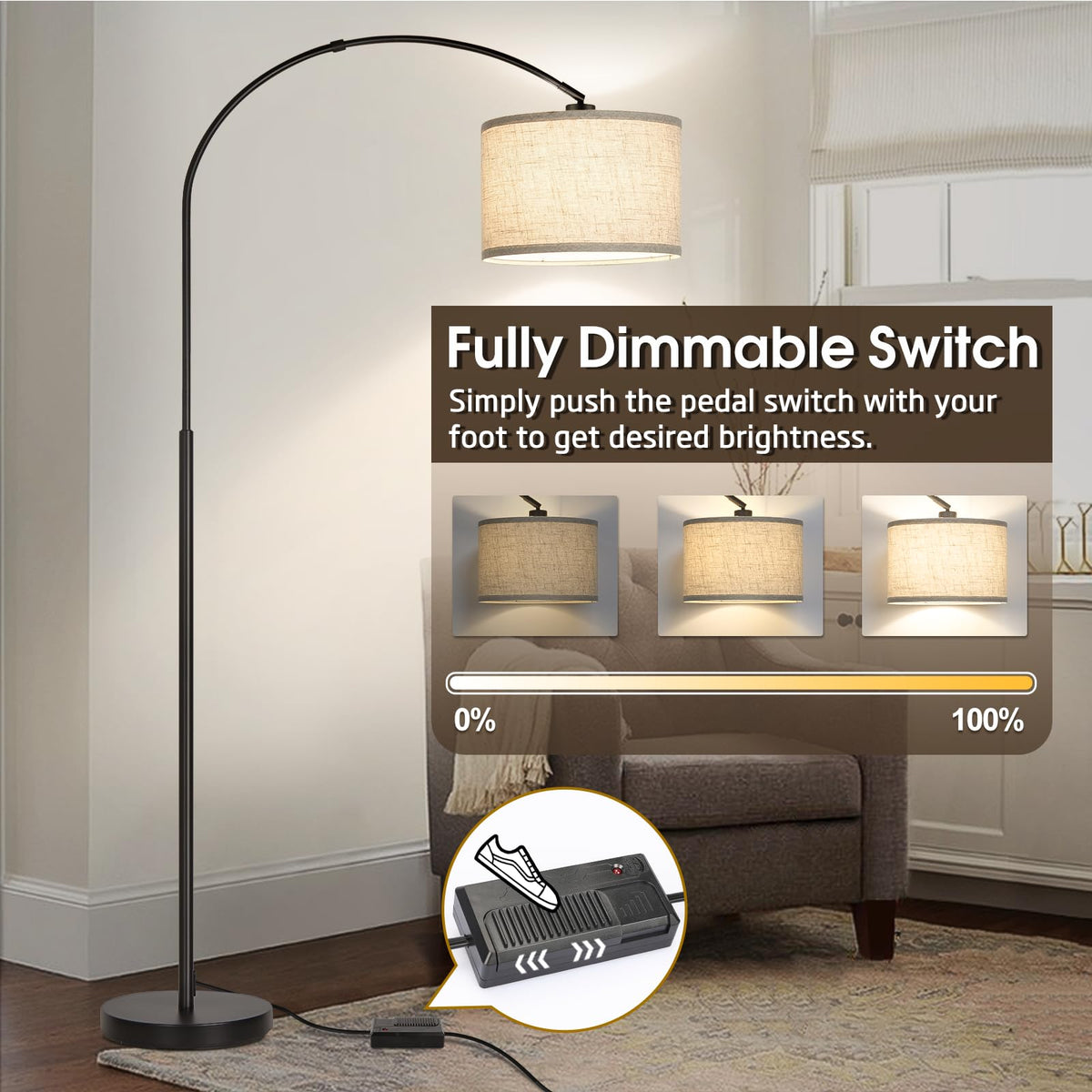 Dimmable Floor Lamp, Arc Floor Lamp with Dimmer, Black Standing Lamp with Adjustable Hanging Shade, Over Couch Tall Reading Light, Modern Pole Lamp for Living Room Bedroom, 9W LED Bulb Included