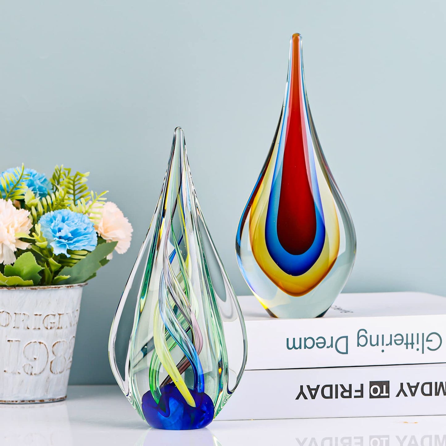 LCCCK 9" Tall Sculpture Hand Blown Glass Decor, Paperweight for Office Desk, Modern Glass Art Figurines Mediterranean Beach House Decor, Living Room Coffee Shelves Table Top Decoration (Aqua)