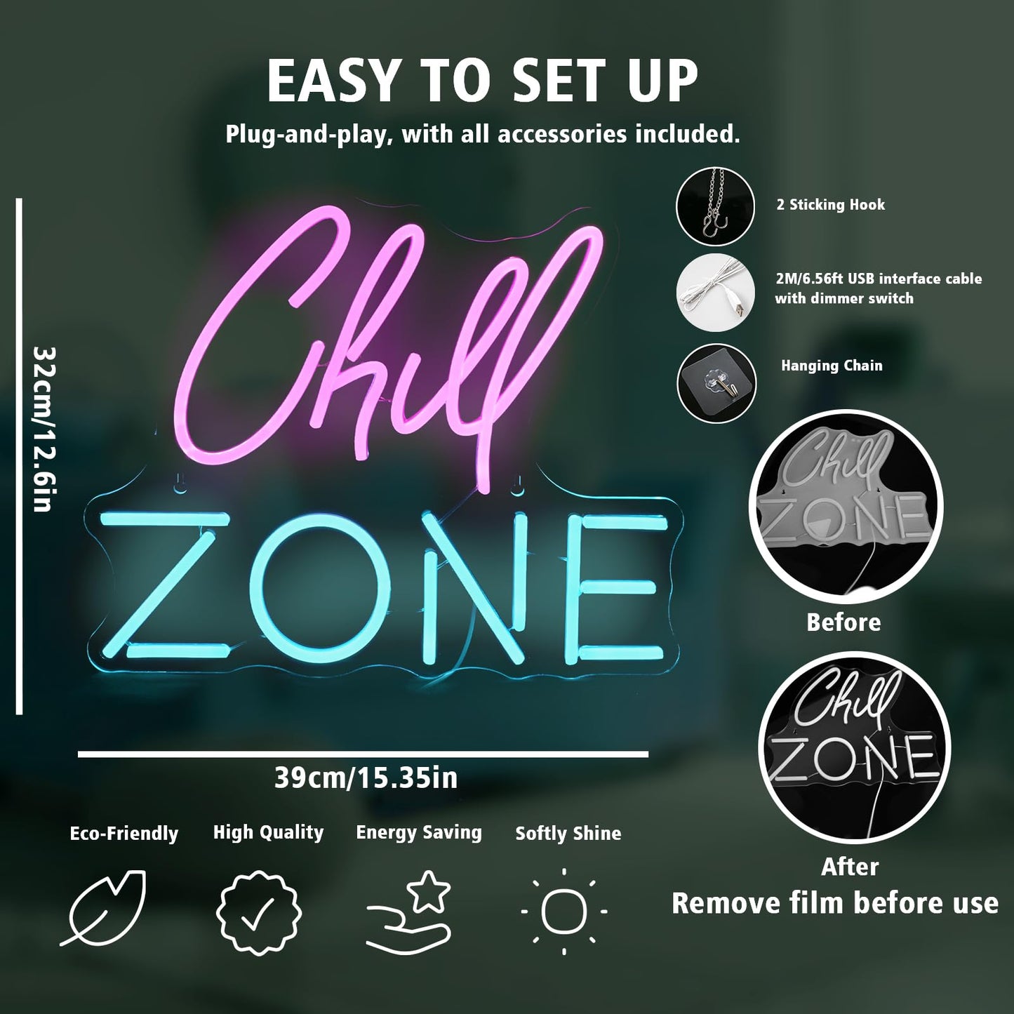 Chill Zone Neon Signs for Wall Decor Dimmable LED Neon Light USB Powered Light Up Signs for Home Lounge Game Room Bar Bedroom Wall Art Man Cave Decor