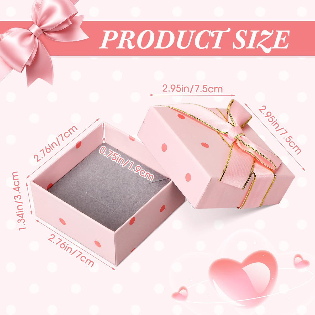 Nosiny 60 Pcs Pink Jewelry Gift Boxes 3 Inch Cardboard Jewelry Packaging Boxes with Polka Dot Bow Bulk Gift Box Square for Necklace Bracelet Ring Badge Brooch Earring Selling Boutique Wedding Party