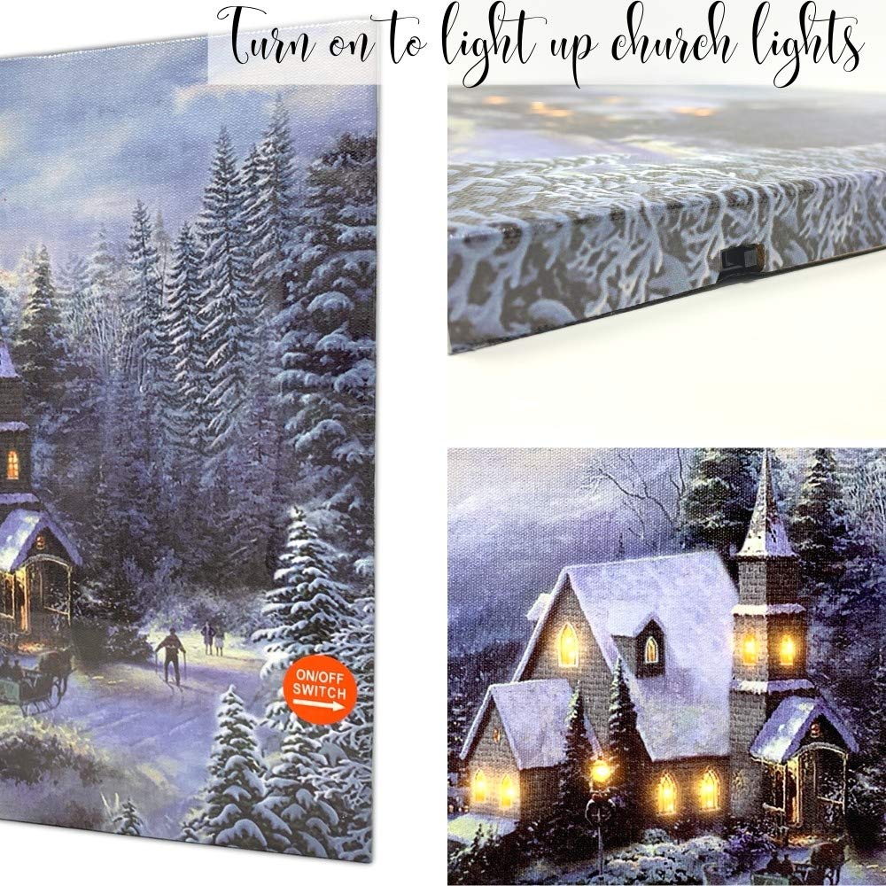 LED Wall Art - Lighted Church Christmas Canvas Print - Light Up LED Winter Woodland Country - Snowy Forest Setting - Measures 11.75" x 15.75"