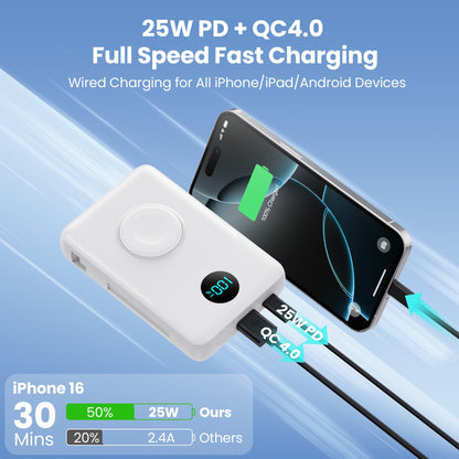 Magnetic Portable Charger 10800mAh for iPhone with Built-in Cables, 6-in-1 Wireless Power Bank with iWatch Charger, LCD Display 25W PD Fast Charging Battery Pack for iPhone 16/15/14/13/12, Apple Watch