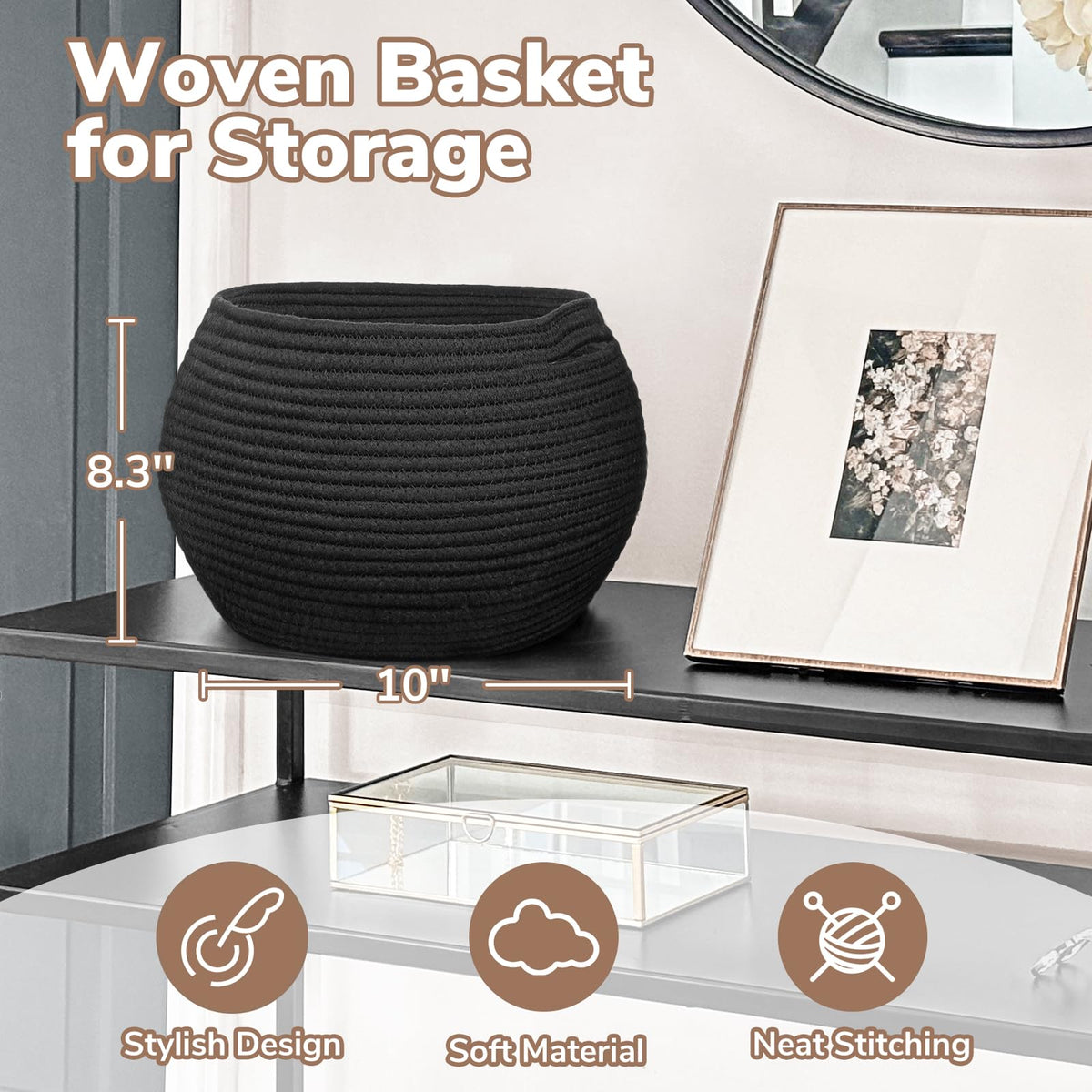 Goodpick Small Rope Storage Basket, Black Round Baskets for Socks, Dog Toys, Towels, Cute Baby Basket for Living Room, Bedroom, Nursery, Towel Baskets for Bathroom, 10 x 8.3 inches