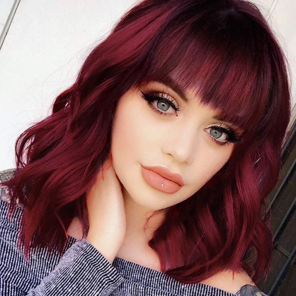 Colorfulpanda Short Bob Wigs for Women Wine Red Wavy Curly Wig with Bangs Natural Synthetic Heat Resistant Hair Wig Cosplay or Daily Use 14 Inch