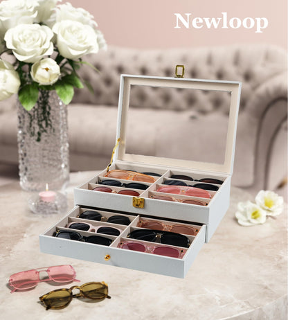 NEWLOOP Sunglasses Organizer Display Case - Sunglass Organizer for Women Men See-through Display Case Multiple Pairs Glasses Holder Stand 2-layer Eyeglass Collection Box with 16 Slots White