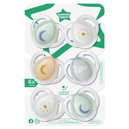 Tommee Tippee Nighttime Soothers, 0-6m, 6 Pack, Glow in The Dark, Varied Colours and Designs, Symmetrical Orthodontic Dummy, BPA-Free Silicone Teat