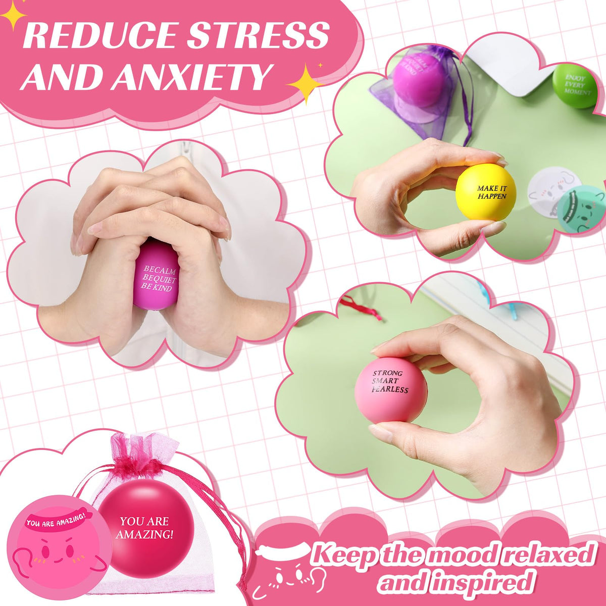 Meooeck 60 Set Stress Ball Gift with 60 Card 60 Organza Bag Motivational Stress Balls for Adult Employee Appreciation Gift Stresses Relief Balls with Inspirational Quote for Office Team Coworker Staff