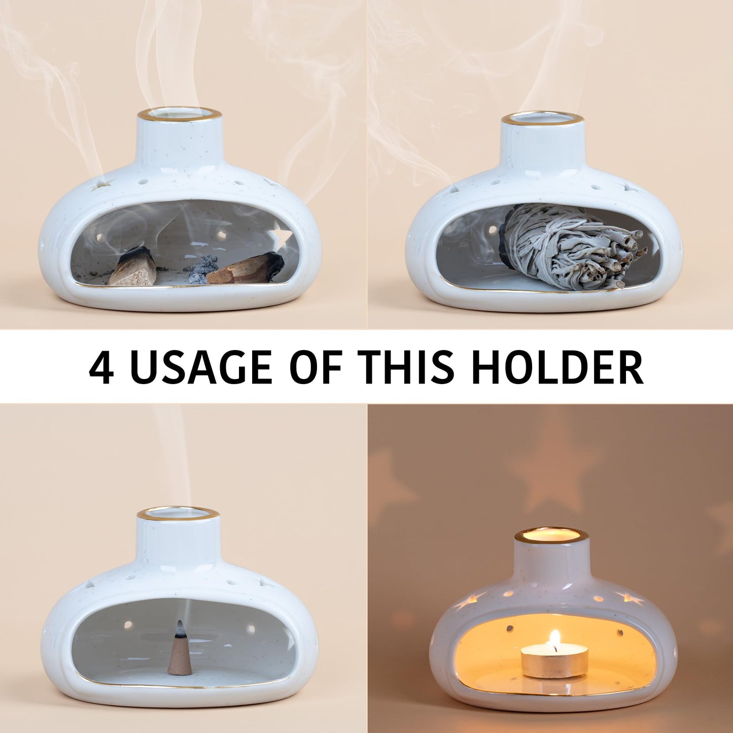 ZenBless 3 in 1 Incense Holder for Palo Santo Sticks Sage Incense, Handcrafted Ceramic Incense Burner Holder Ash Catcher with Chimney, Smudge Bowl for Yoga Meditation Room Home Decor