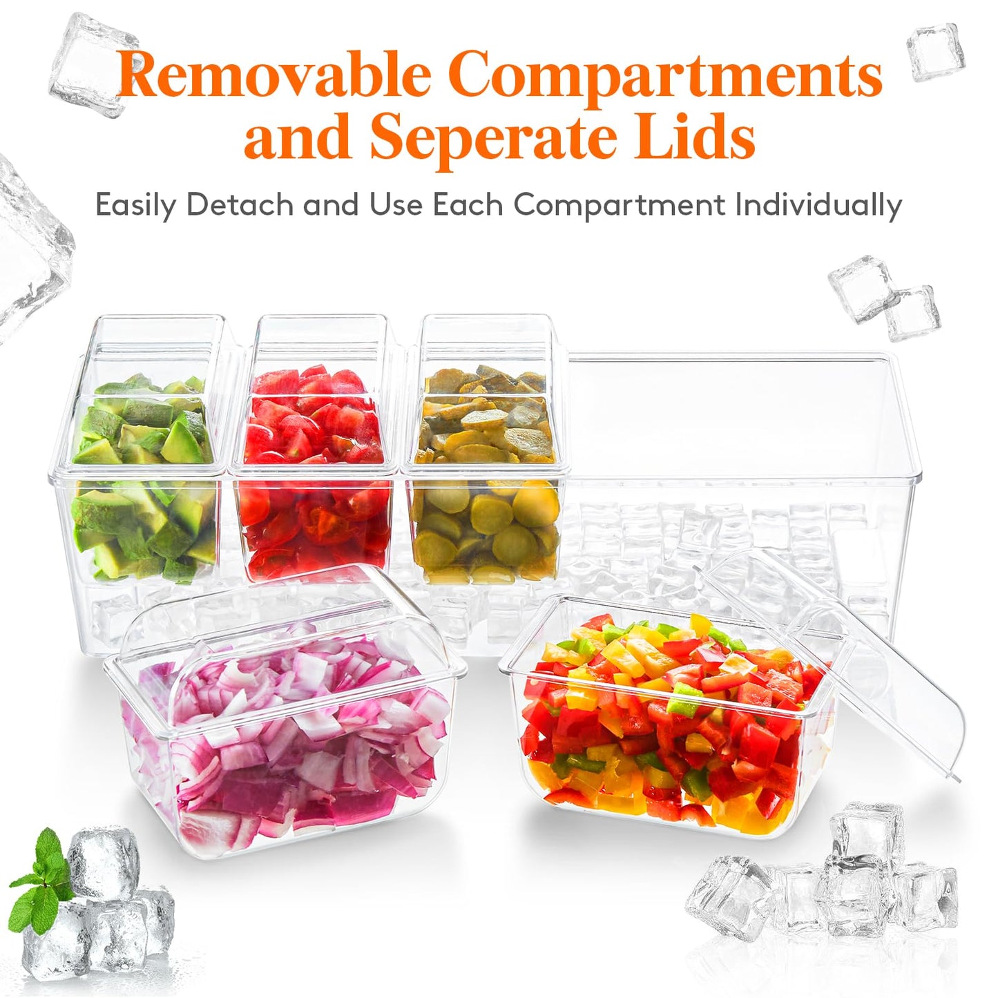 Lifewit Chilled Condiment Caddy with 5 x 20 oz Containers, Compact 15" Garnish Tray with Lids for Bartenders, Taco Bar Party Serving Set & Dirty Soda Bar Supplies, Ideal for Fruit, Salad, Toppings