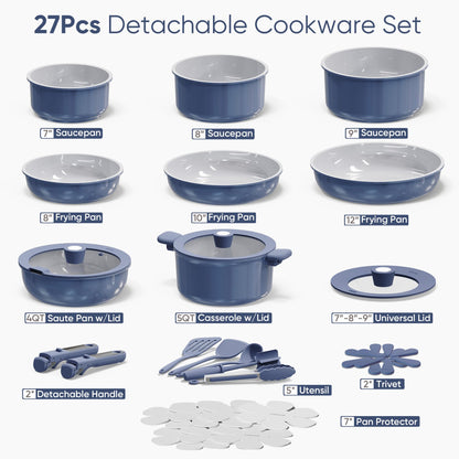 CAROTE 27pcs Ceramic Cookware Set Nonstick, Pots and Pans Set Non Stick, Non Toxic Cookware Detachable Handles, Dishwasher/Oven Safe, RV/Camping Cookware with Kitchen Utensils, Mothers Day Gifts