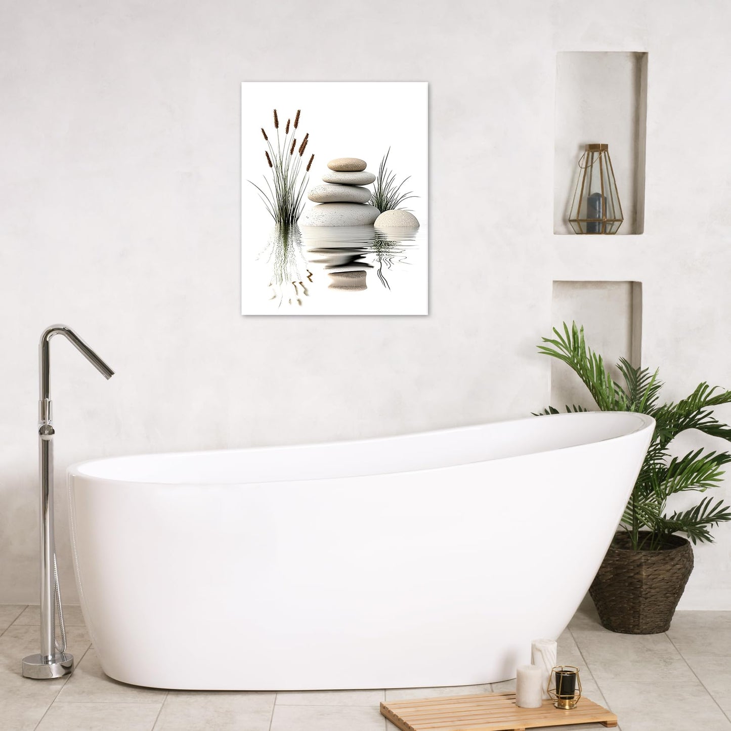 EOBTAIN Zen Wall Art for Bathroom Zen Stone with Green Wild Grass in Water Nature Canvas Wall Art for Bedroom Living Room Spiritual Relaxing Canvas Paintings Spa Yoga Office Wall Decor,12x16 Inch