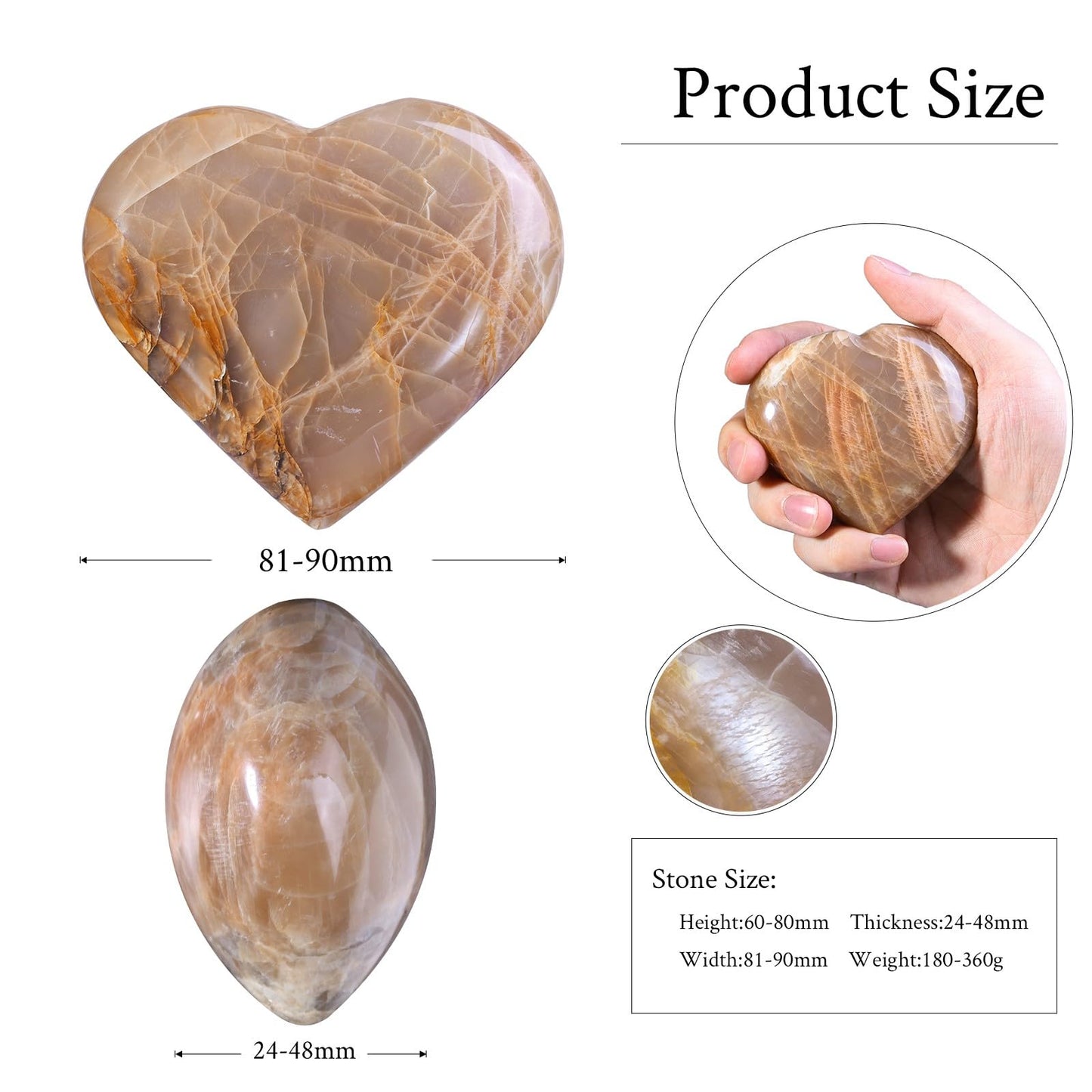 Sportmusies Heart-Shaped Orange Moonstone Worry Pocket Stone Home Decoration, Polished Reiki Palm Stone Meditation Massage, 2.36-3.14 inches