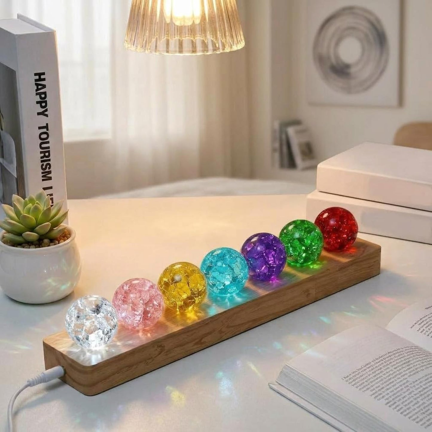 JINWU ClearPeak 7 Colors 40mm Ice Cracked Crystal Balls, Chakra Healing Sphere with LED Wooden Base, Glass Night Light for Home Living Room Meditation, Valentines Day (Set 7-Rainbow)
