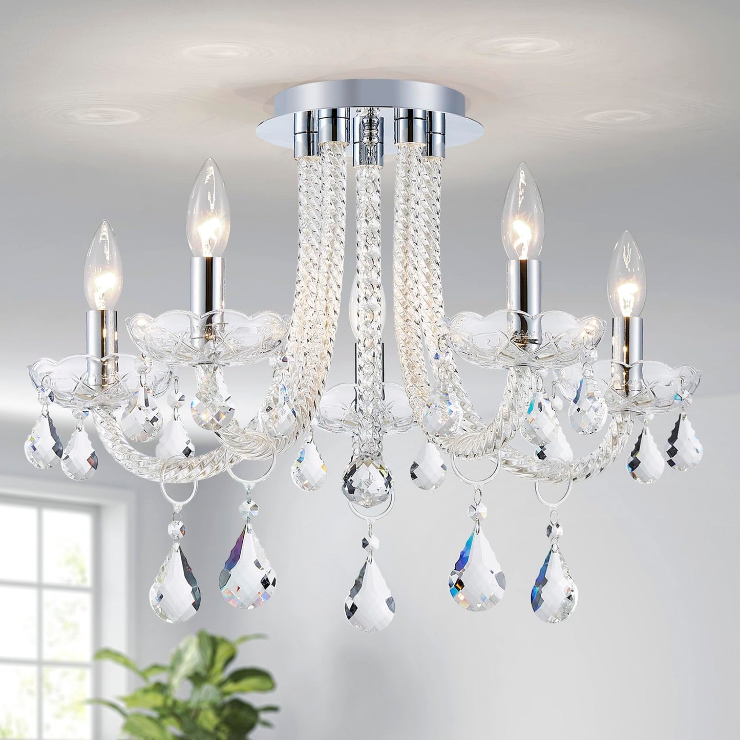 GlowEasely French K9 Crystal Maria Theresa Candle Chandelier, Luxury Vintage Pendant Light Fixture for Dining Room, Living Room, 5 Lights, D22.4*H15.7 inch, Clear Crystal & Chrome Finish Frame
