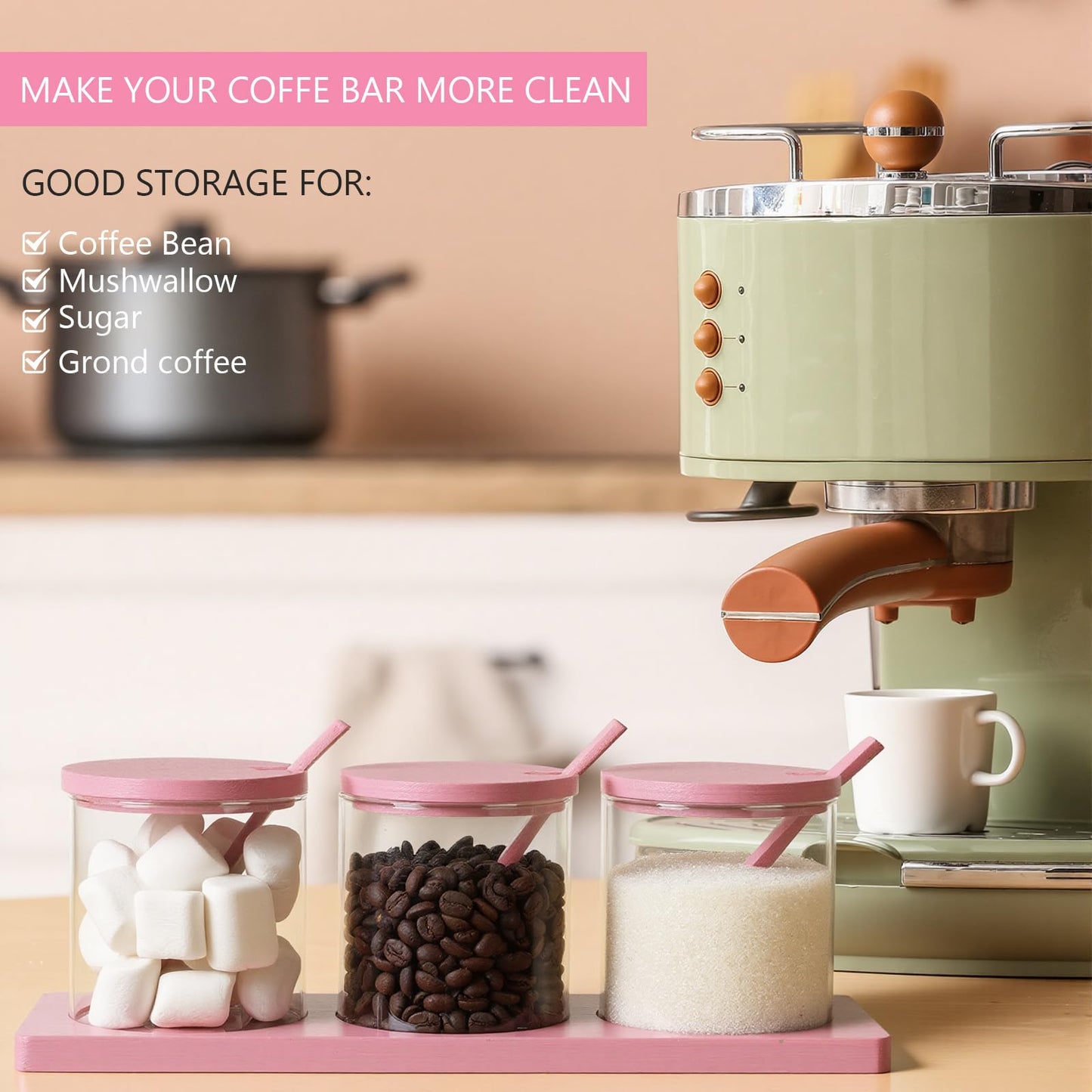 Willinglong 3 Pcs Coffee Bar Accessories Set Glass Condiment Jars with Wooden Lids Spoons, Spice Jar Set with Tray, Sugar Tea Containers for Coffee Station Organizer Kitchen Decoration(Pink)