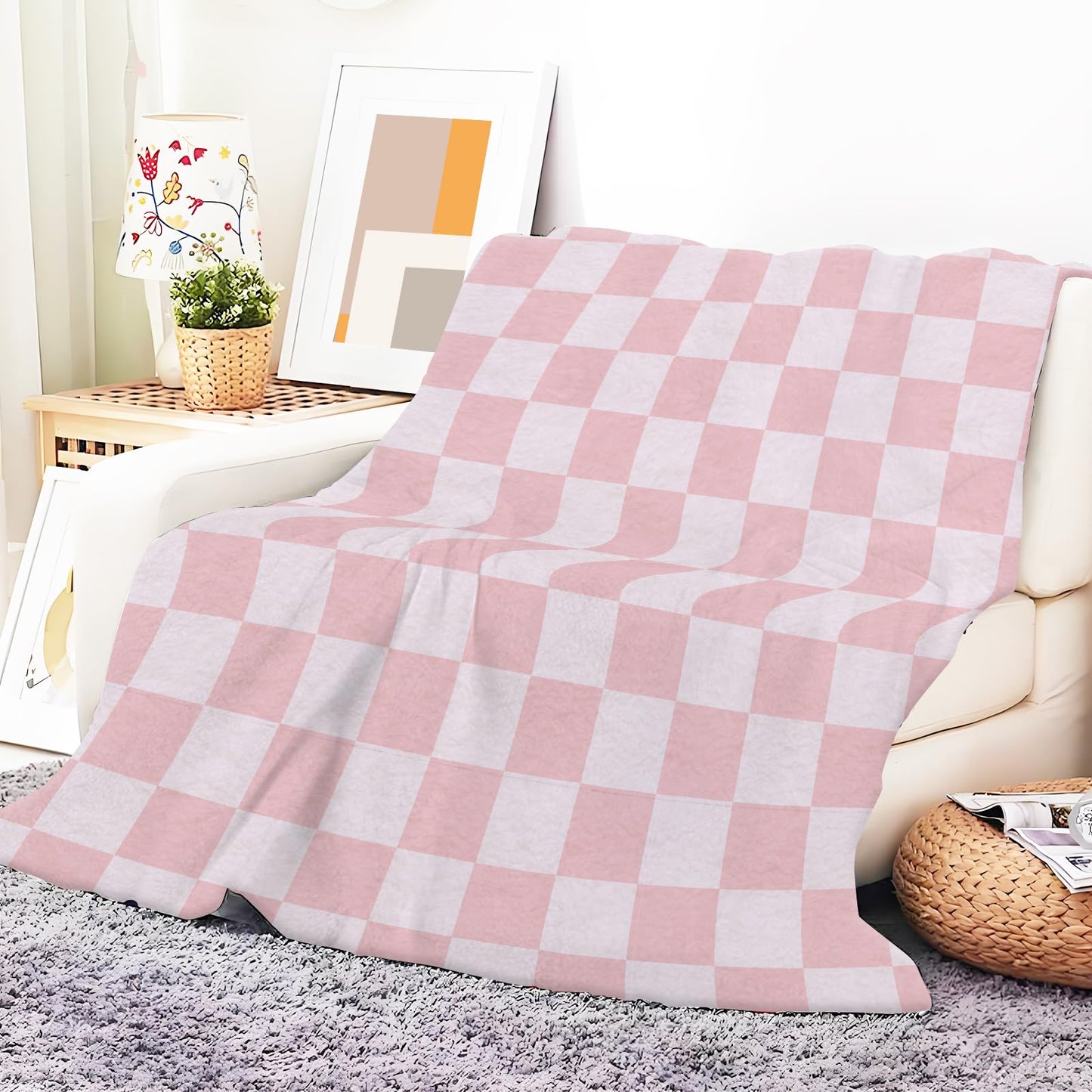 ANIOXCK Throw Blanket for Couch, 300GSM Warm Soft Cozy Flannel Blanket, Cute Blanket for All Seasons Bedroom Home Decor Gifts, Pink Cute Checkerboards 50x60 Inches