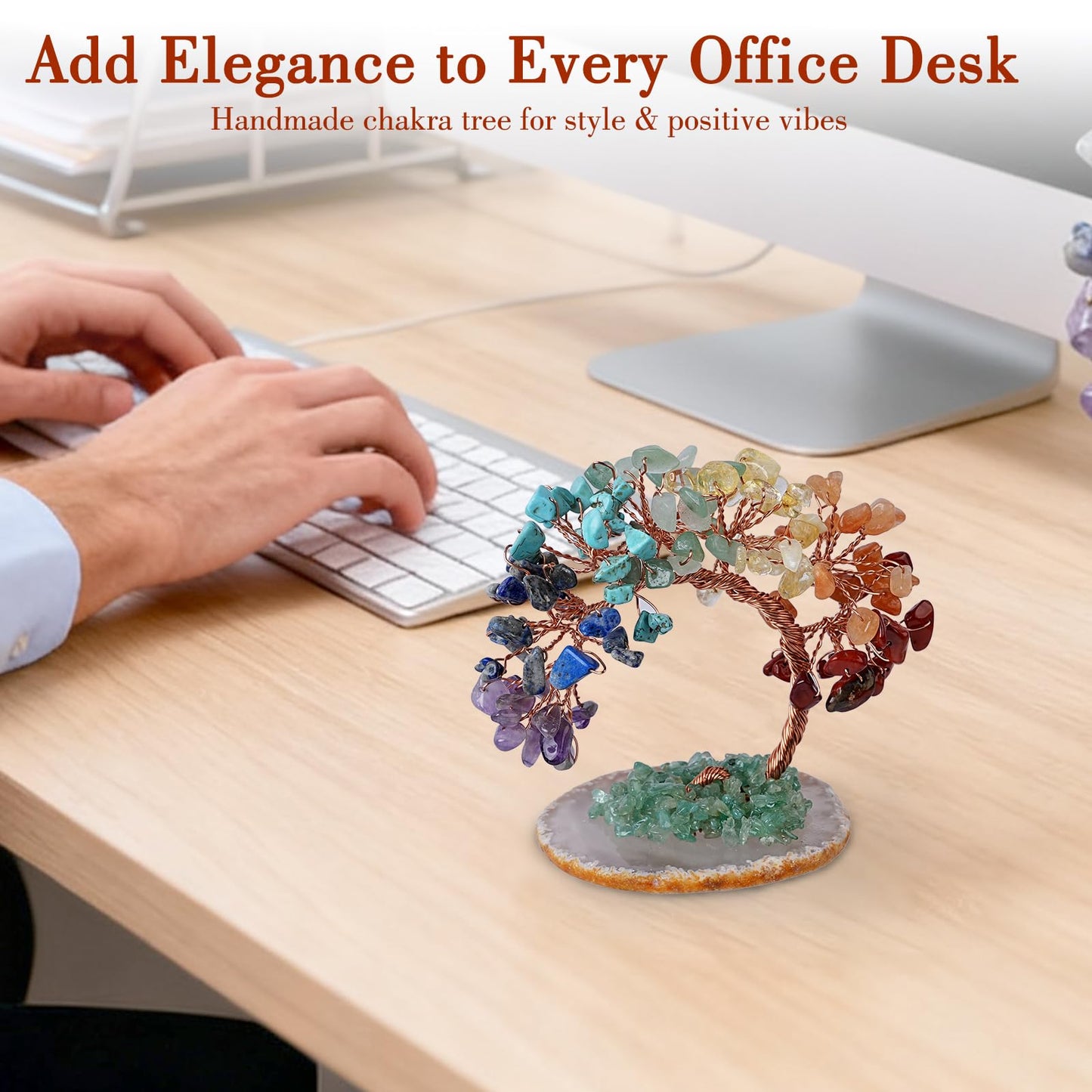 7 Chakra Crystal Money Tree with Agate Base, Fengshui Wealth Bonsai Figurine, Natural Crystal Chip Copper Wire Tree Ornament for Home Office Wedding Decoration (3-4 Inch)