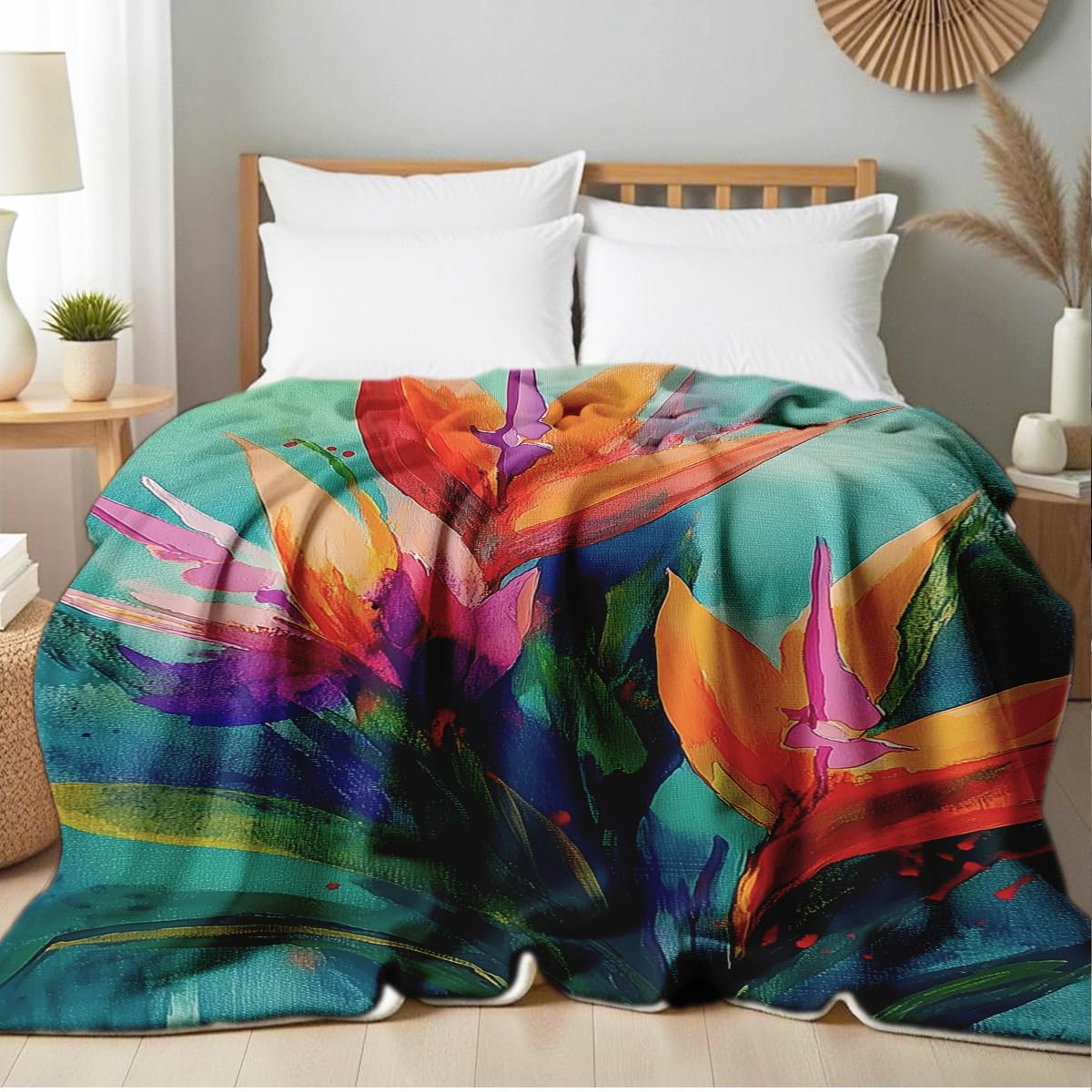 HUNXIAOJ Paradise Throw Blanket Birds Tropical Flowers Print Throw Floral Flannel Blanket for Sofa Bed Couch Office Home Decor Nature Botanical Lovers Gifts (49"x59")